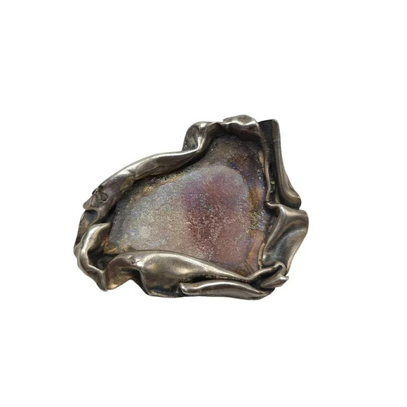 Vintage Artisan Abstract Brutalist Sterling Silver Purple Roman Glass Brooch Pin - Picture 1 of 7